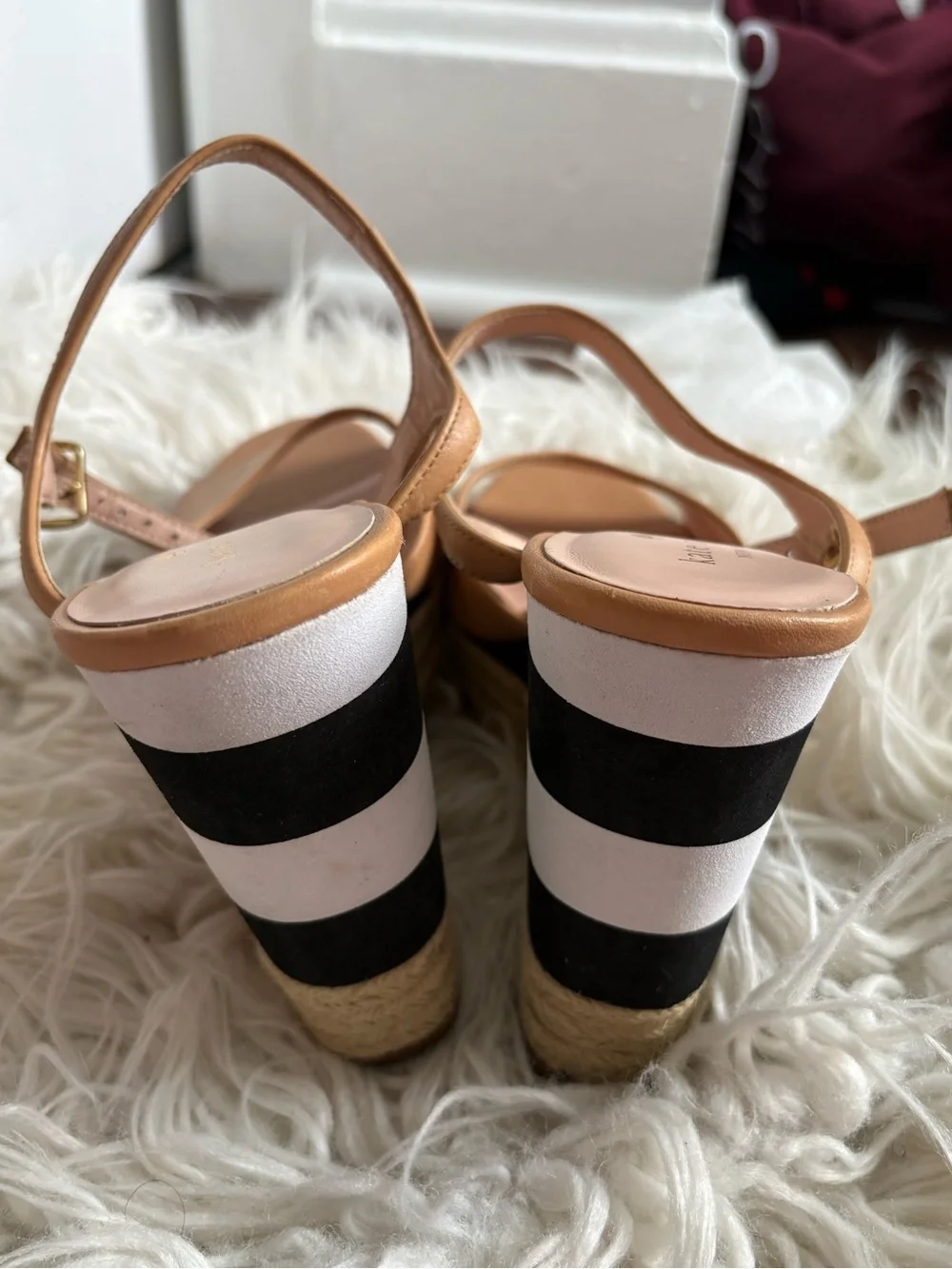 Kate Spade Tan Leather Striped Espadrille Platform Wedge Sandals 10M